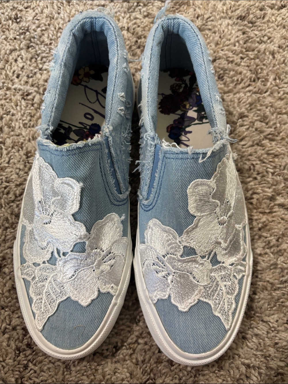 Blowfish Light Blue Denim Slip-On Sneakers with White Floral Appliqué